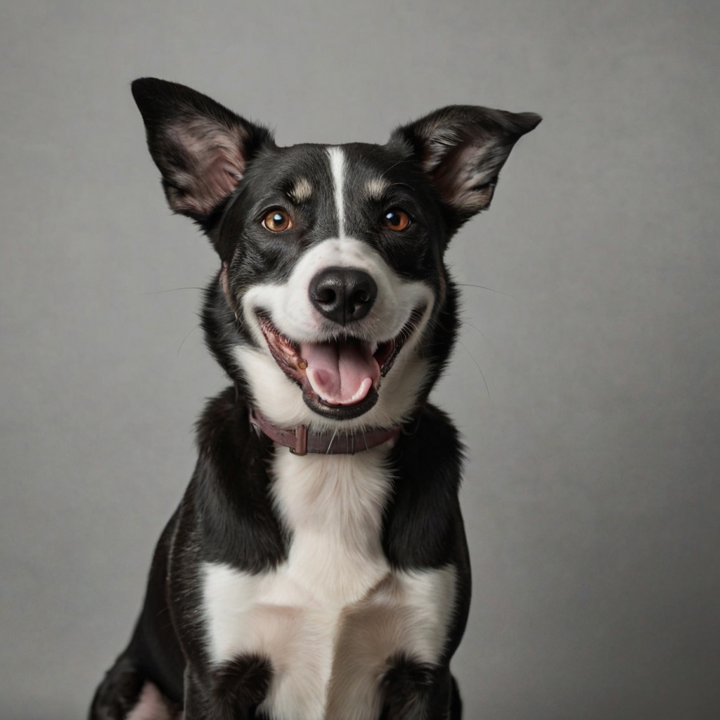Retrato de estúdio de um cão preto e branco.